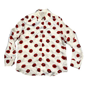 Khaite The Argo Lip Printed 100% silk Button Front Top Blouse White Women